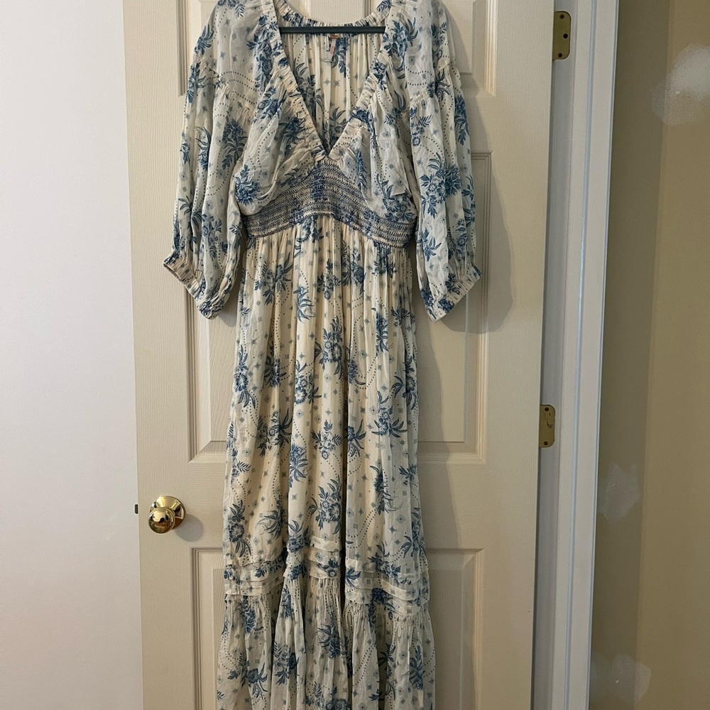 Free People Golden Hour Cream Maxi Dress with Blue Floral Print - Picture 3 of 7